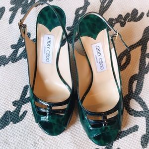 Jimmy Choo Green Patent Leather Animal Print 37.5